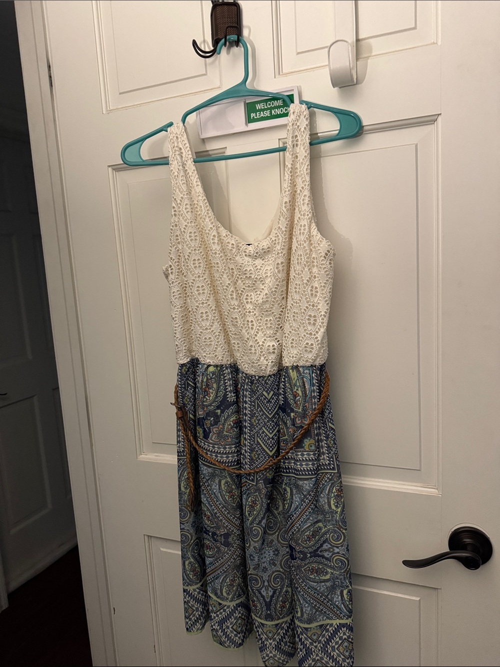 AUW Cream Crochet Bodice Blue Paisley Midi Dress